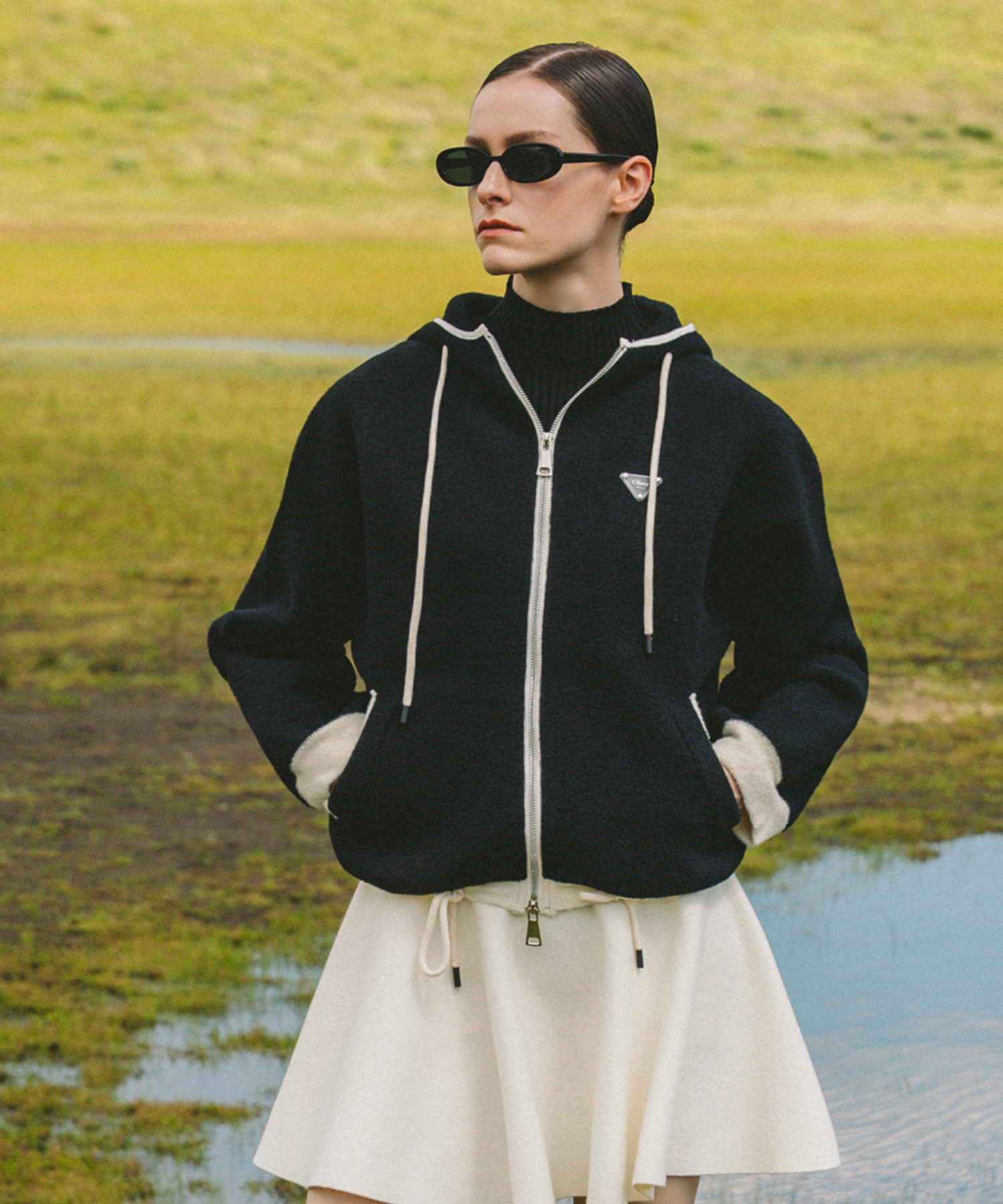 OBER Golf Hairy Color Block Hooded Zip-Up Ivory