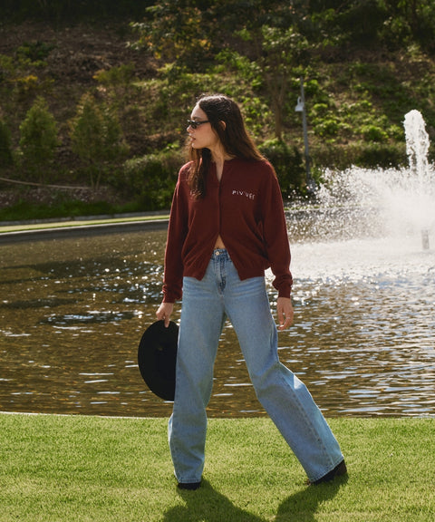 Hand-stitched Knit Cardigan- Wine Red