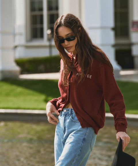 Hand-stitched Knit Cardigan- Wine Red
