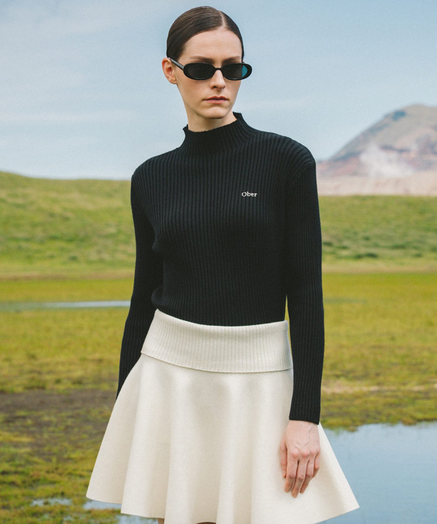 OBER Golf High Waisted Flared Knit Skirt Ivory