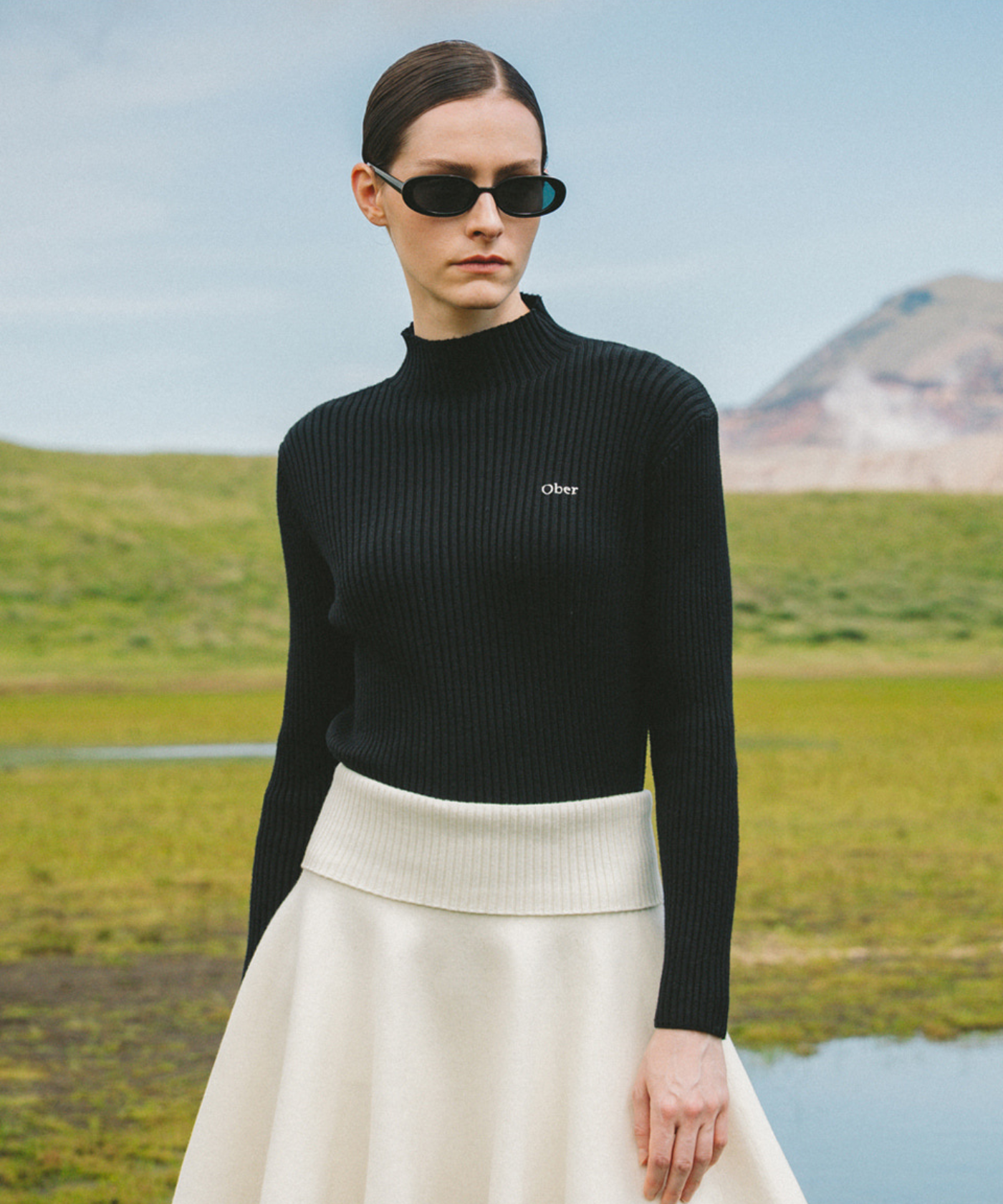 OBER Golf High Waisted Flared Knit Skirt Ivory