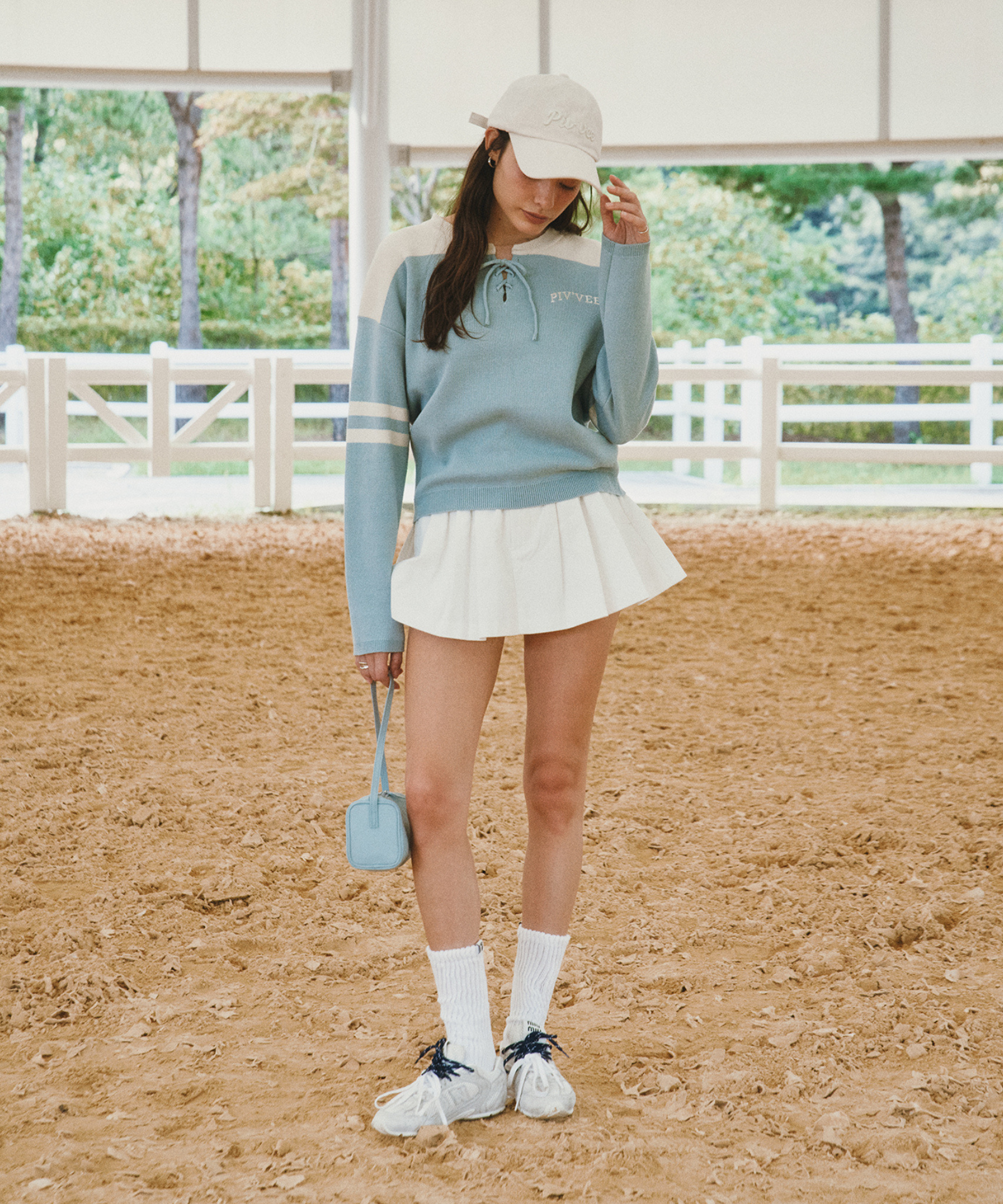 PIV'VEE Lace-up Knit Pullover Mist Blue