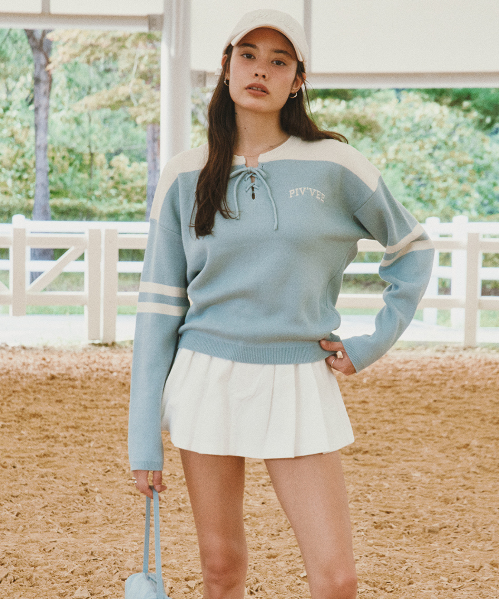 PIV'VEE Lace-up Knit Pullover Mist Blue