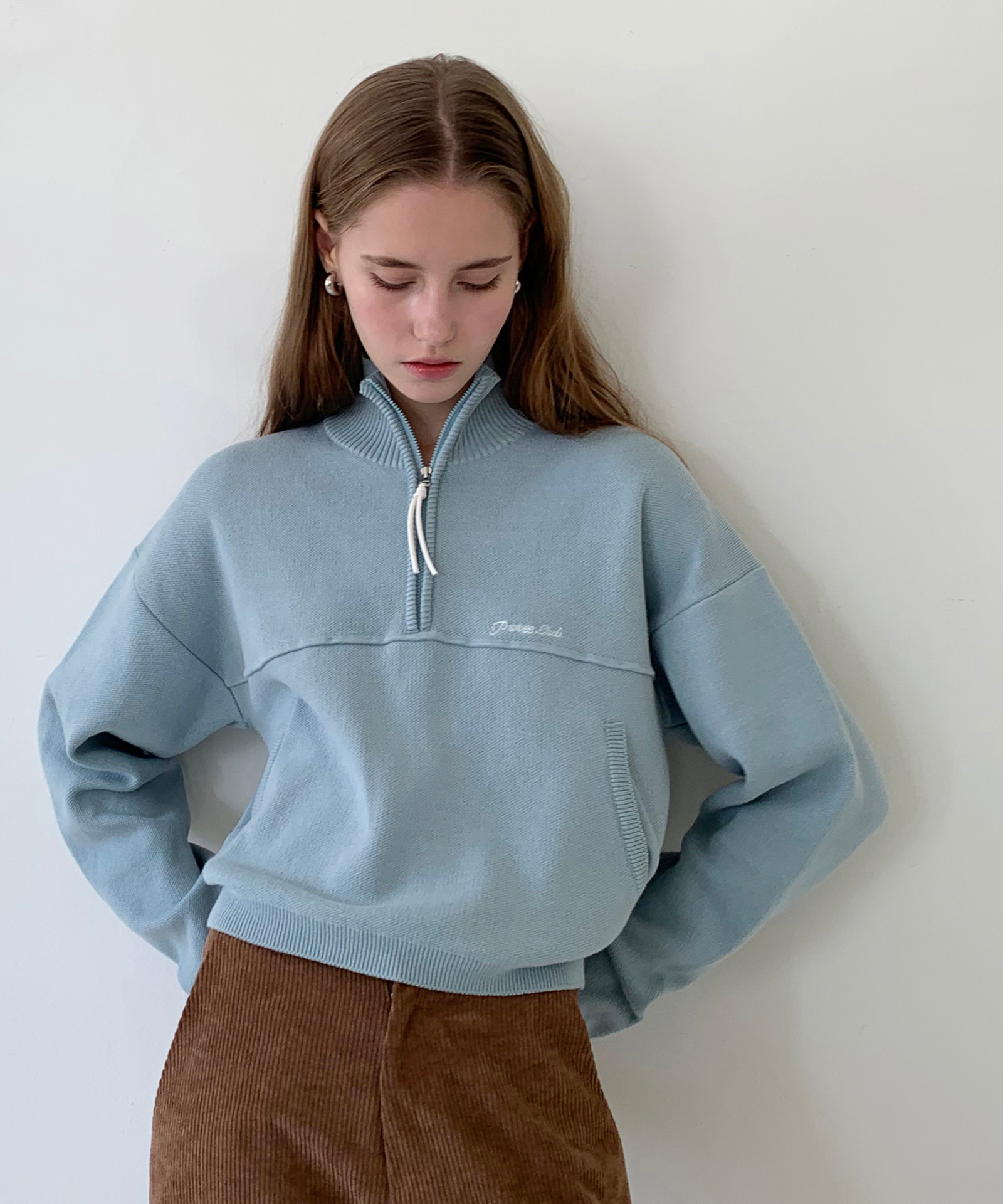 PIV'VEE Lettering Embroidered Half-zip Sweater Mist Blue