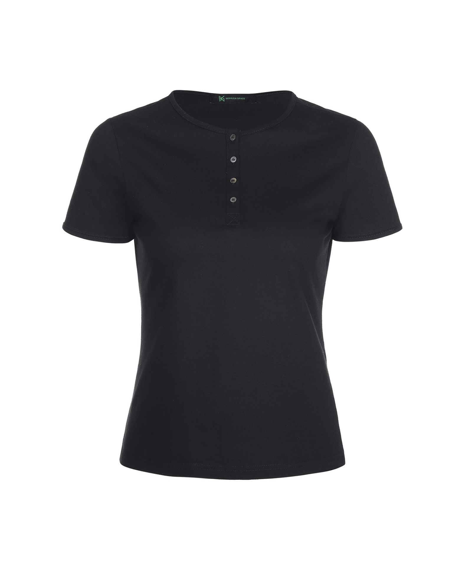 BERMUDA GRASS Mother-of-Pearl Button Henley Neck Silk T-shirt Black