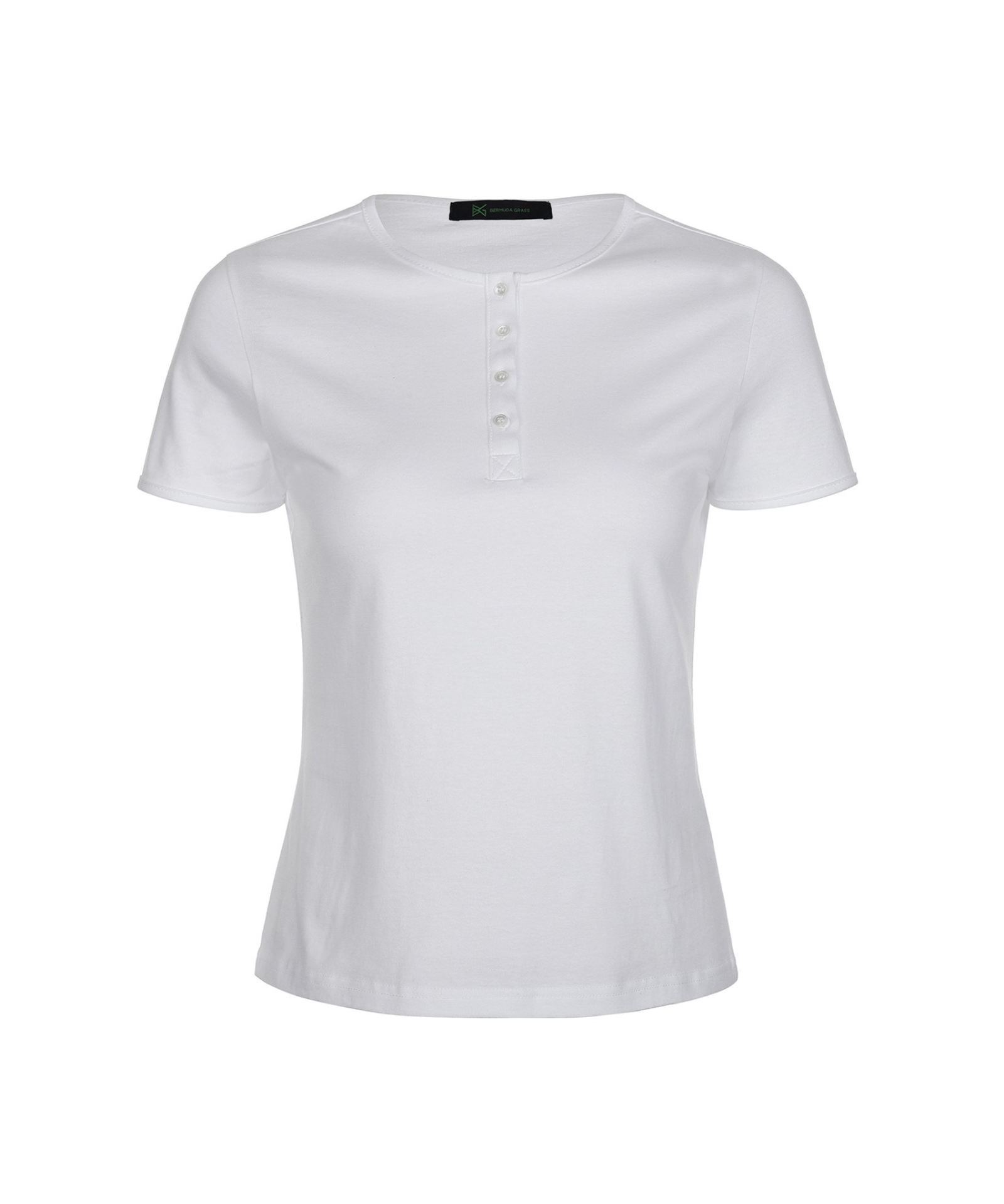BERMUDA GRASS Mother-of-Pearl Button Henley Neck Silk T-shirt White