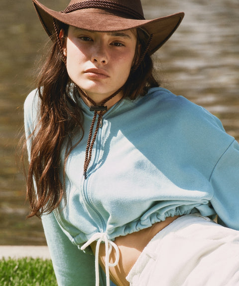 Semi-cropped Zip-up Hoodie Mist Blue