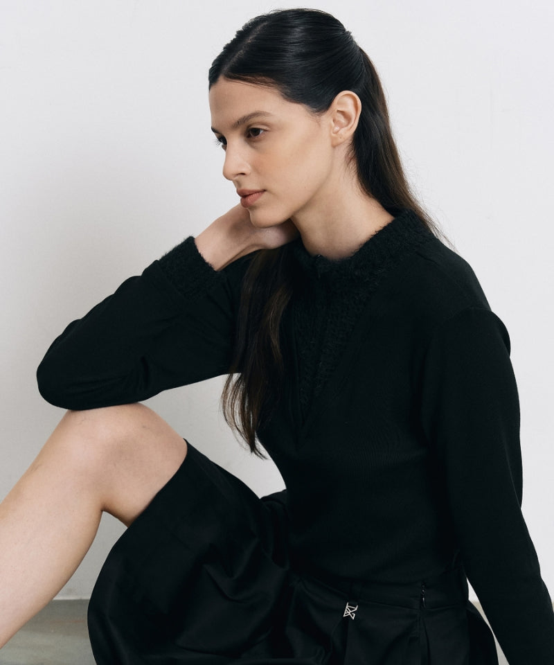 Two-Way Fur Color Block Knit T-Shirt Black