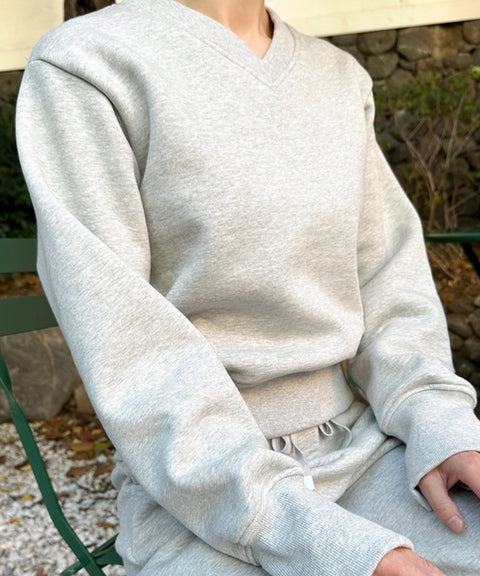 AVEN V-neck Semi-Crop Sweatshirt - Melange Gray