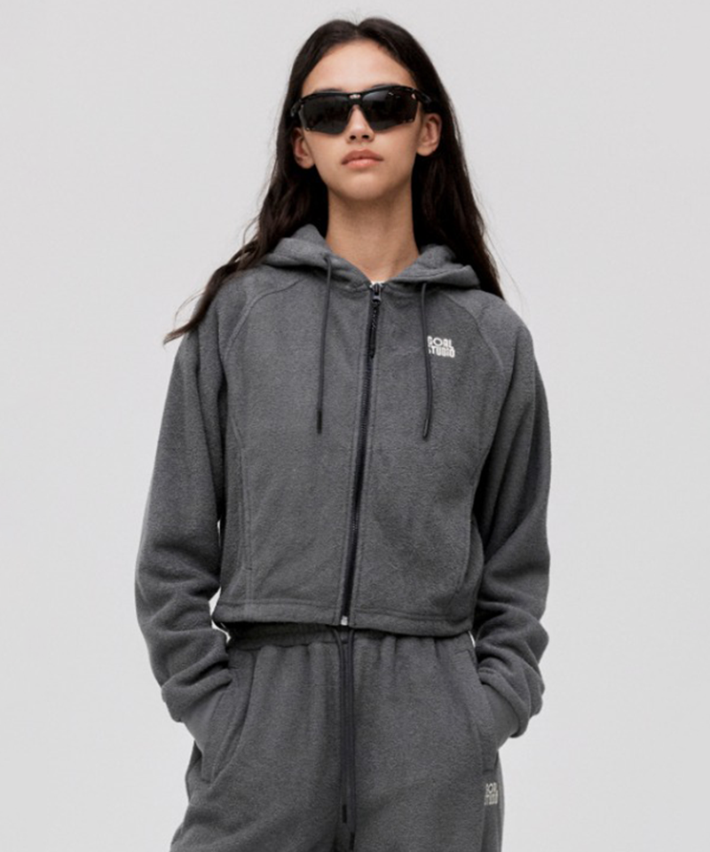 Goal Studio Women's Terry Fleece Cropped Full Zip-Up Hoodie - Charcoal