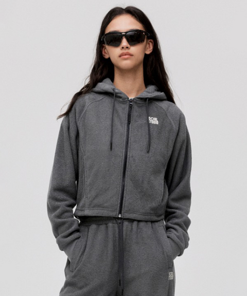 Goal Studio Women's Terry Fleece Cropped Full Zip-Up Hoodie - Charcoal