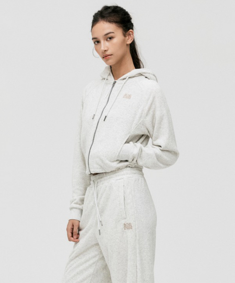 Goal Studio Women's Terry Fleece Cropped Full Zip-Up Hoodie - Oatmeal