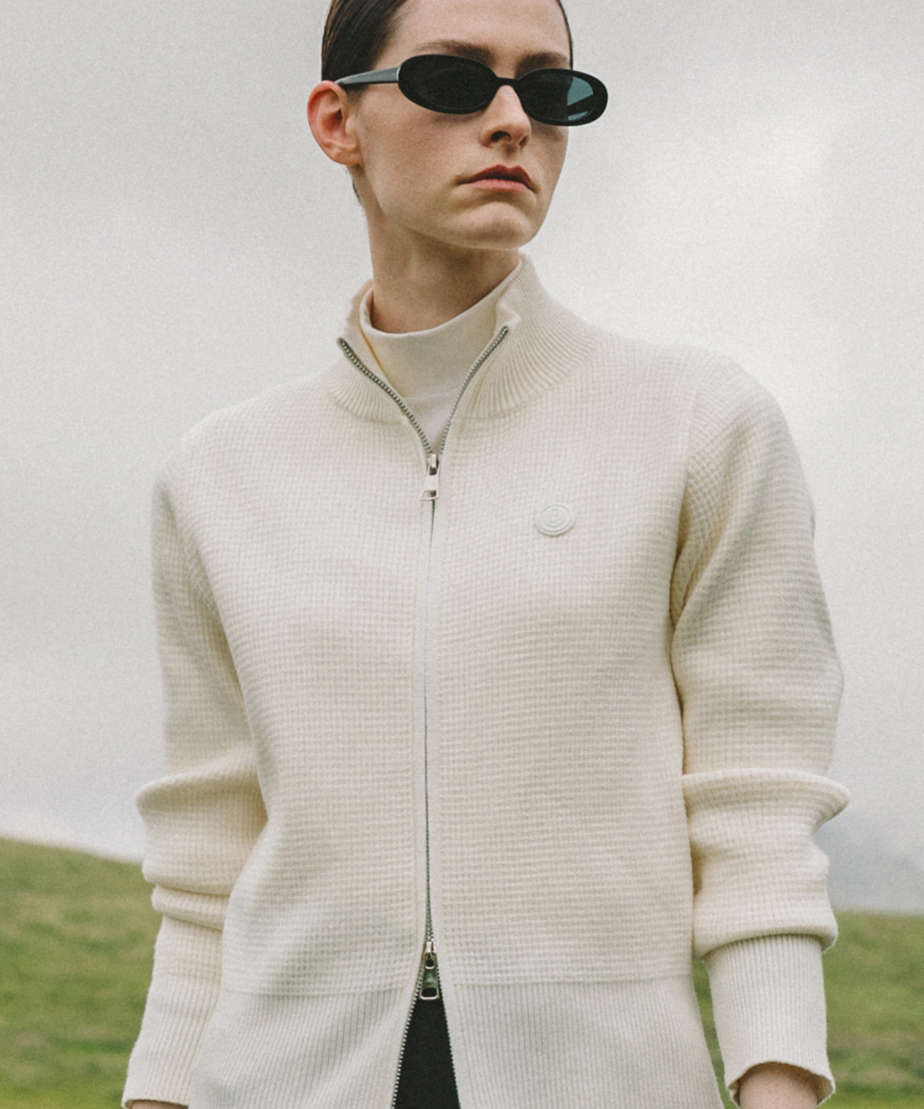 OBER Golf Waffle Knit Zip-up Cardigan Ivory