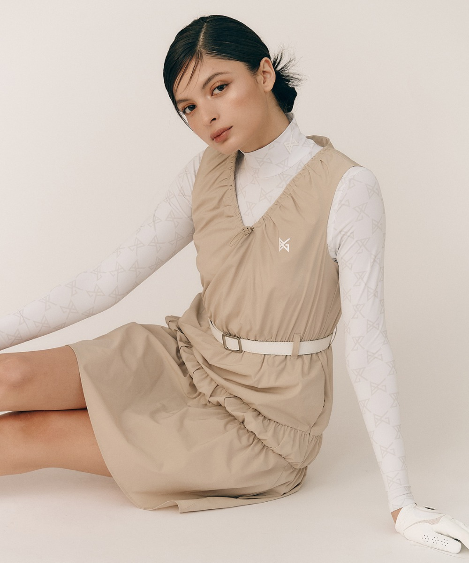 BERMUDA GRASS Windbreaker Shirring One-Piece Dress Beige