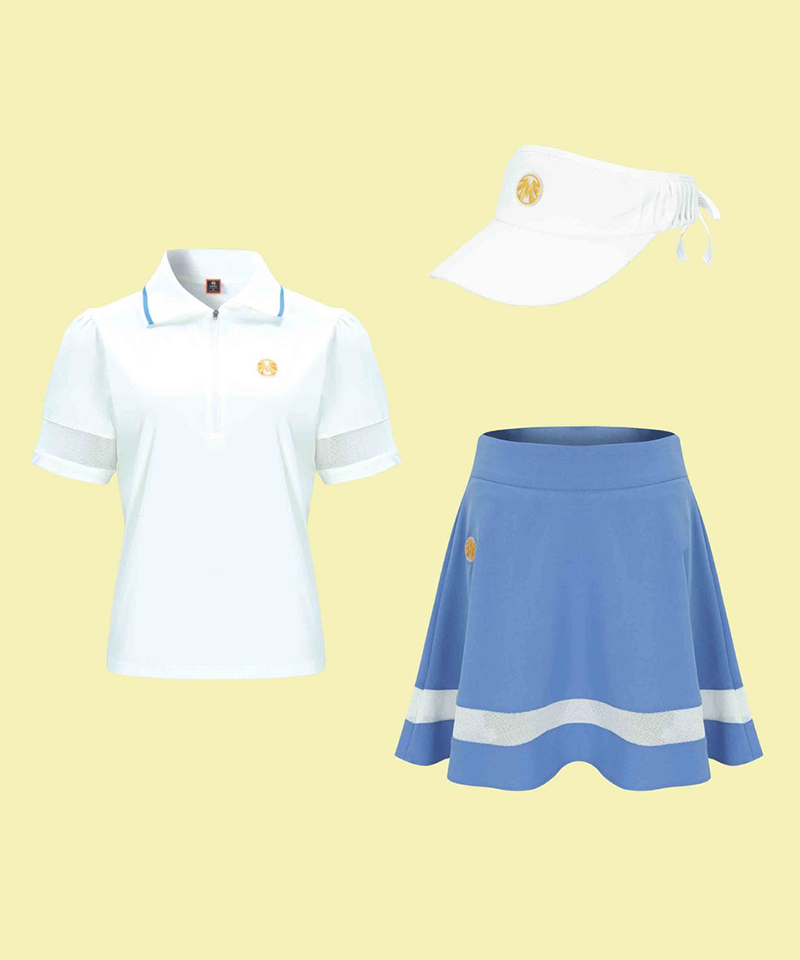 Signature Gold Label Wind See-through All-Outfit Set (Top + Bottom + Visor) - White Blue