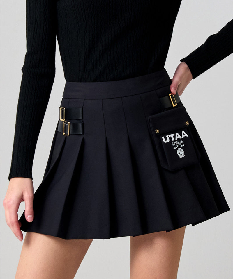 UTAA Golden Buckle OutPocket Pleats Skirt - Black