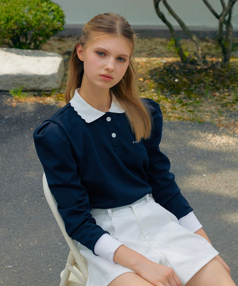 KANDINI Polo shirts with Puff sleeves- Navy
