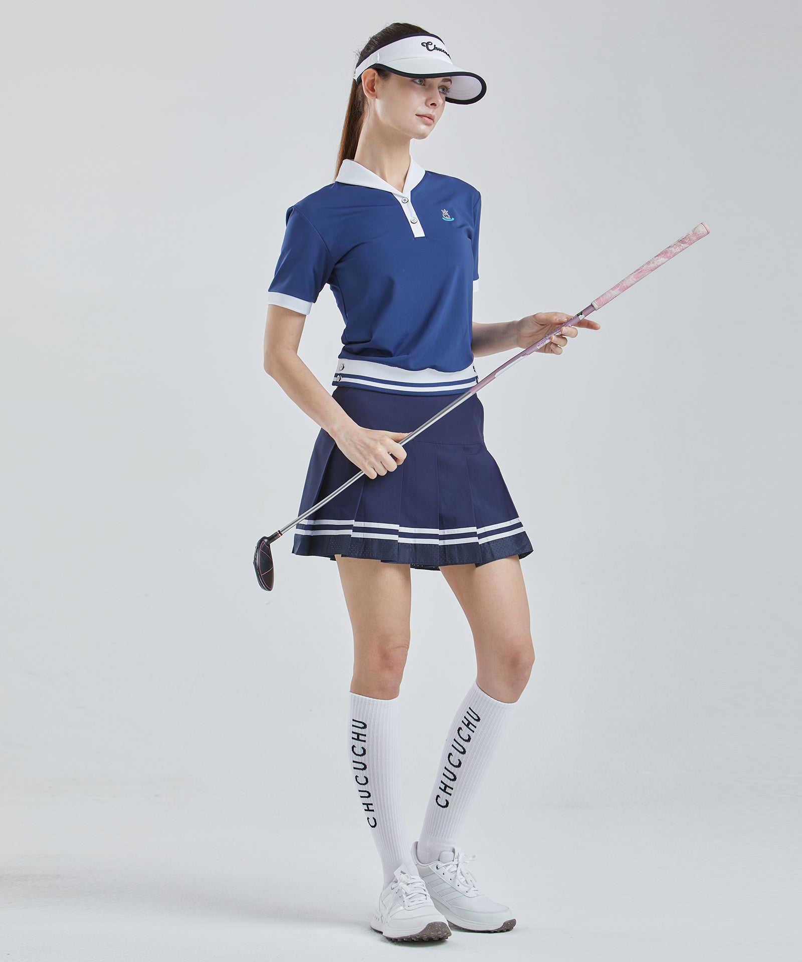 CHUCUCHU Air Punching Pleated Skirt - Navy
