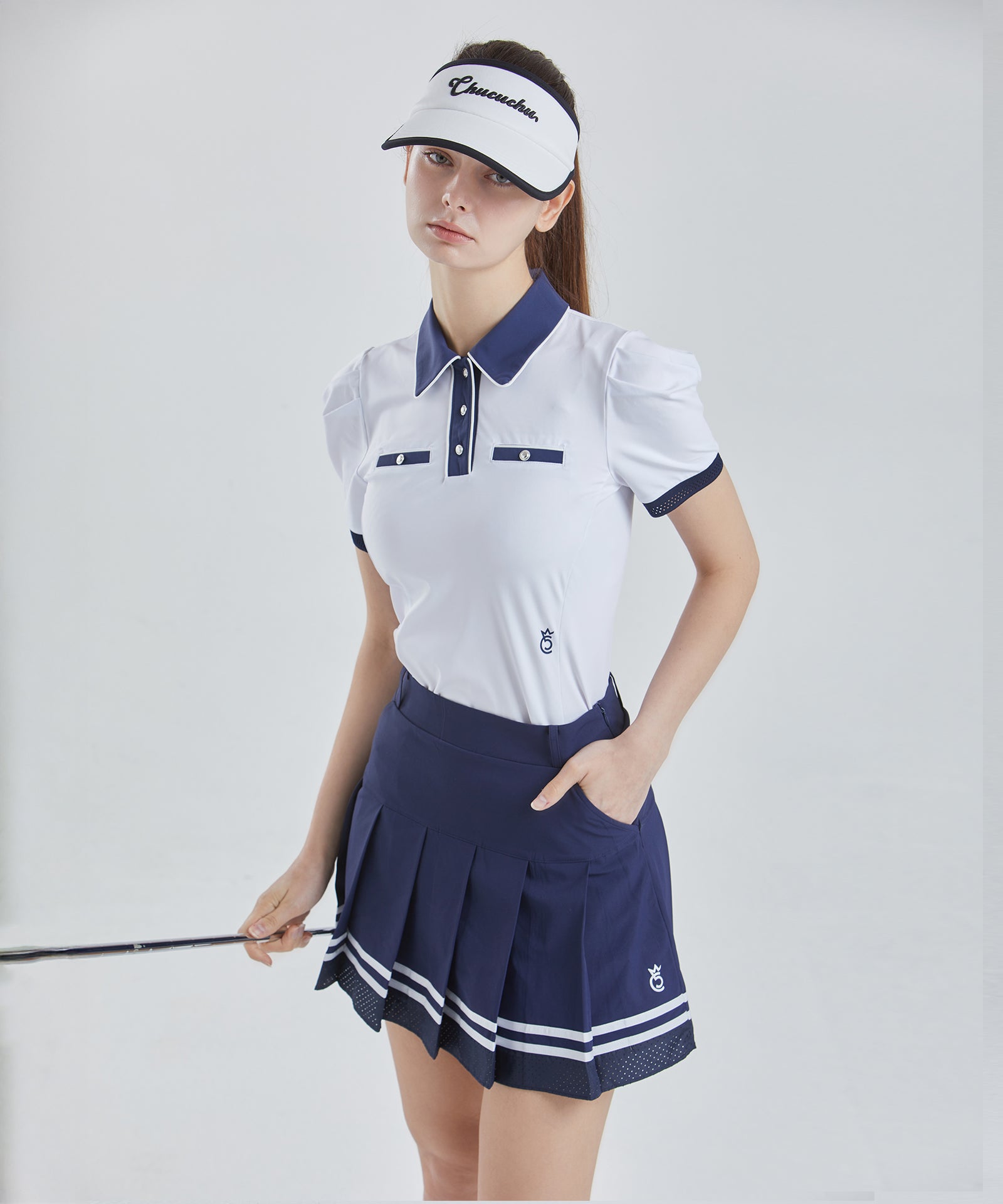 CHUCUCHU Air Punching Pleated Skirt - Navy
