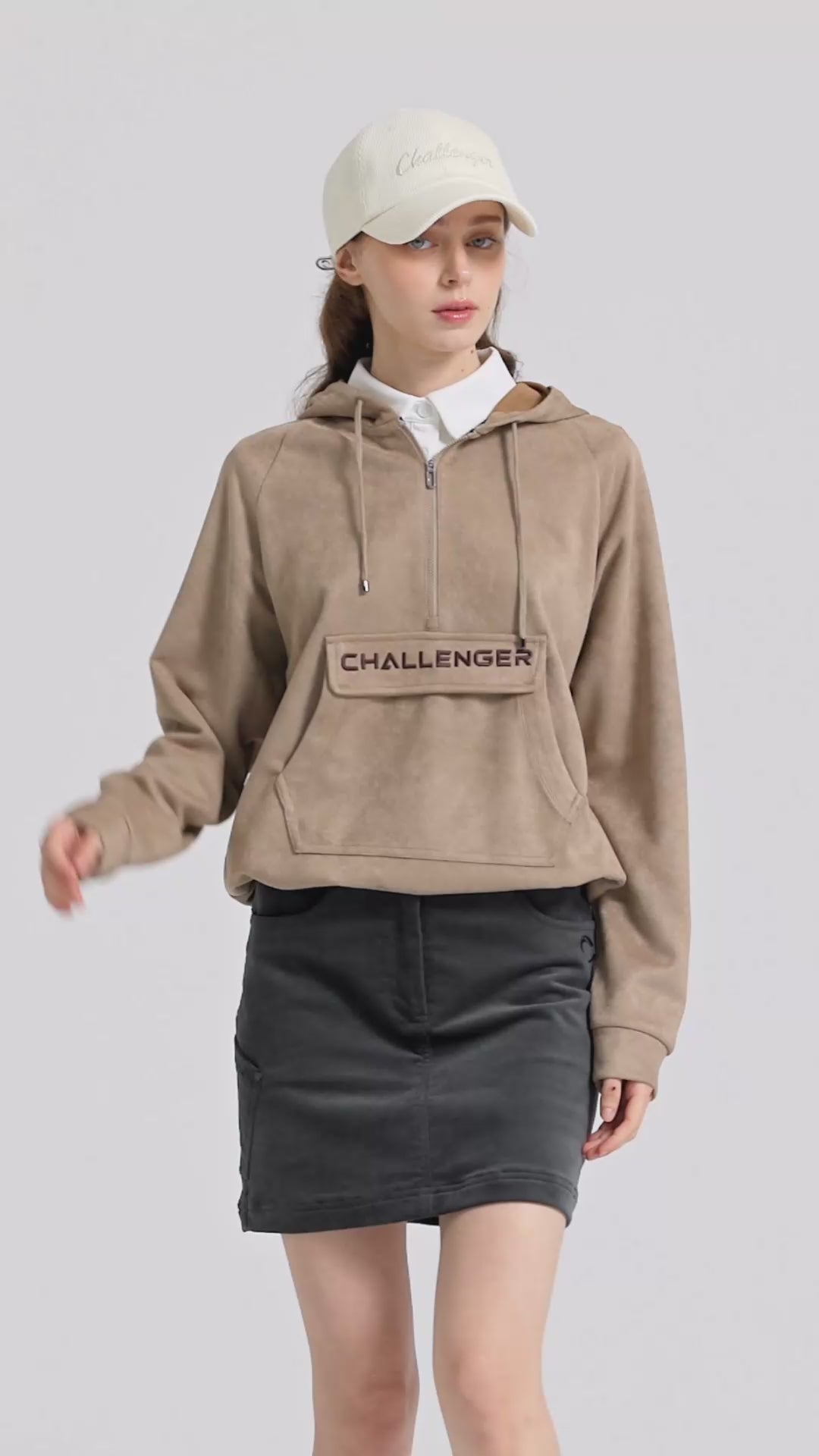Challenger Women's Suede Big Logo Hooded Long Sleeve T-shirt - Beige video