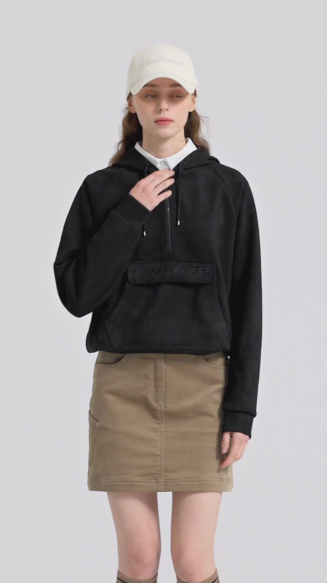 Challenger Women's Suede Big Logo Hooded Long Sleeve T-shirt - Black video