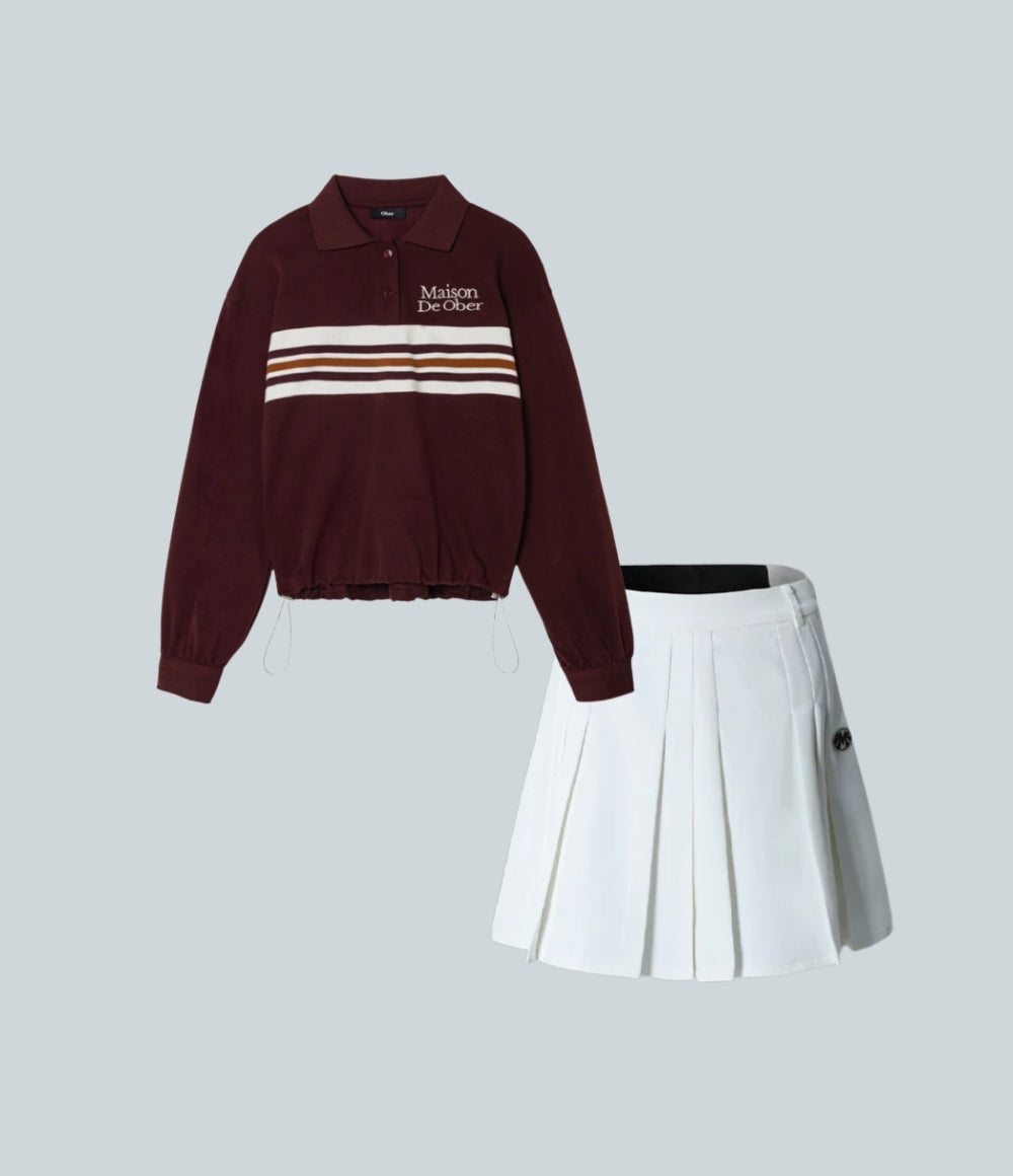 String PK Shirt Wine & Classic Feminine Pleated Skirt Set
