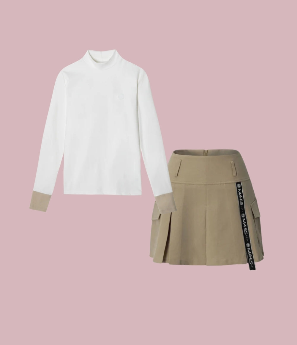 Functional Stretch Color Block T-Shirt & Casual Cargo Pocket Pleated Skirt Set