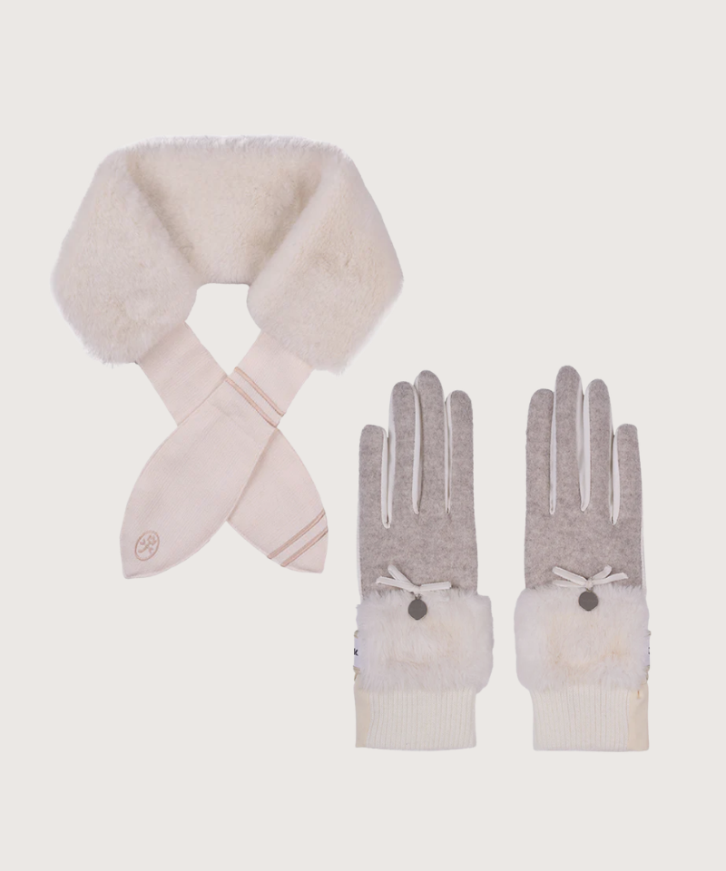 Set5  Winter Neck Warmer + Embroidered Fleece Gloves- Beige