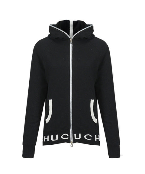 CHUCUCHU Knit Hooded Zip-Up Cardigan - Black