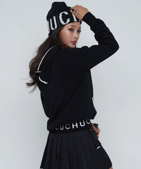 CHUCUCHU Knit Hooded Zip-Up Cardigan - Black