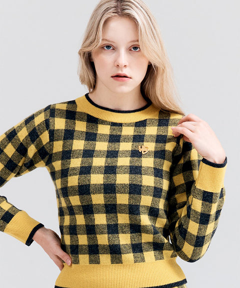 HENRY STUART Women's Check Jacquard Knit Sweater - Yellow