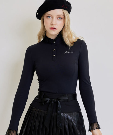 J.Jane See-through Frill High Neck T-shirts (Black)