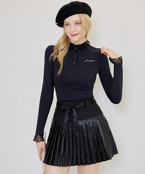 J.Jane See-through Frill High Neck T-shirts (Black)