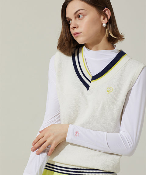 Haley Golf Wear Women's V Neck Color Matching Knit Vest White