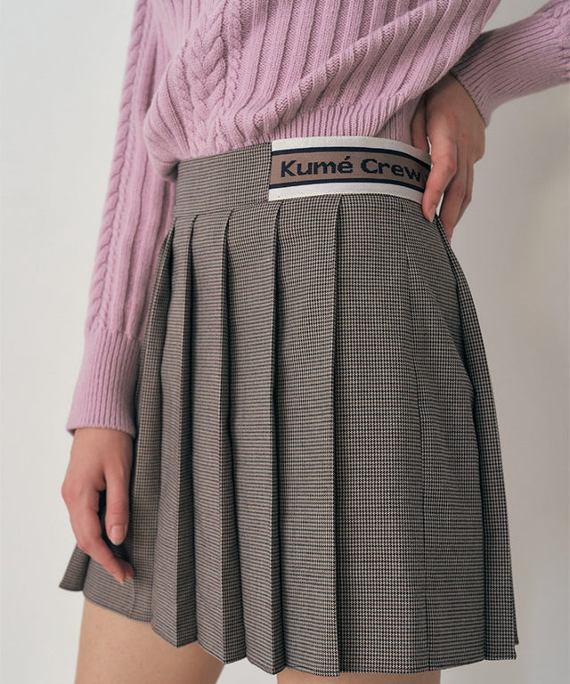 KUME STUDIO Logo Band Pleated Skirt - Brown Check