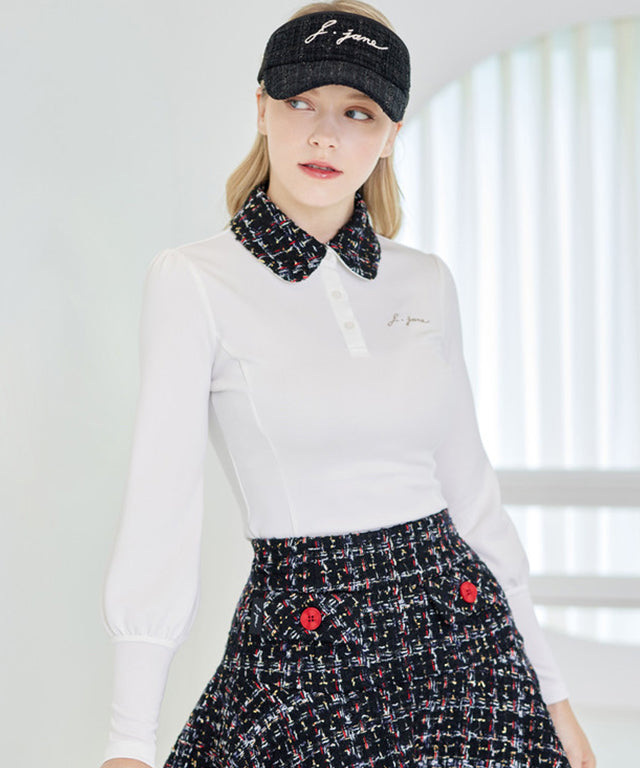 J.Jane New Tweed Collar Ballon Sleeve T-shirts (Black)