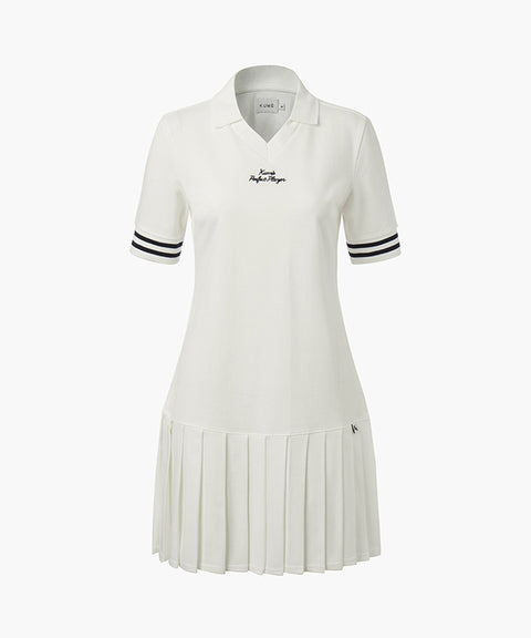 KUME  STUDIO Pleated V neck Polo Dress - White