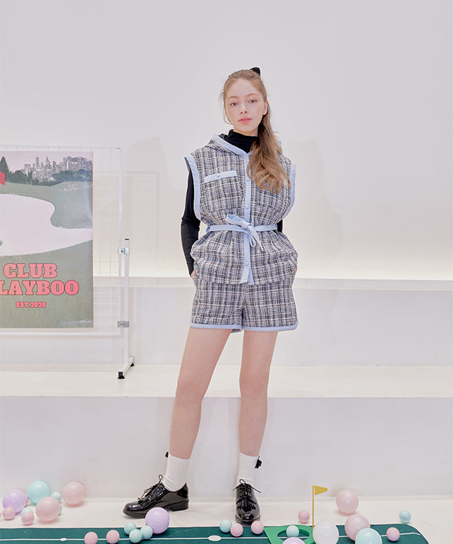 [Warehouse Sale]PLAYBOO TWEED HOODED VEST+SHORTS SET-UP_Navy Tweed