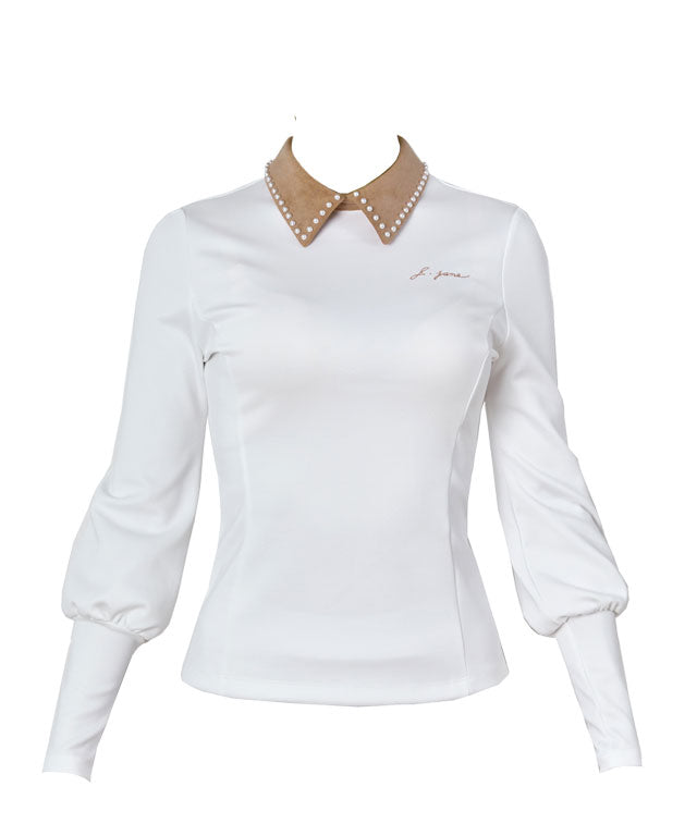 J.Jane Suede Pearl Collar T-Shirts (Beige)